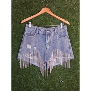 Windsor Rhinestone Fringe Denim Shorts High Waist Distressed Festival Bling M